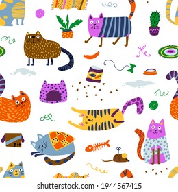 Cats seamless pattern. Funny colorful characters in different poses in a house mess. Nursery Vector hand-drawn illustration in simple Scandinavian style, ideal for printing baby textiles, fabrics