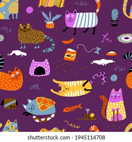 Cats seamless pattern. Funny colorful characters in different poses in a house mess. Nursery Vector hand-drawn illustration in simple Scandinavian style, ideal for printing baby textiles, fabrics