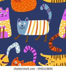Cats seamless pattern. Funny colorful characters in different poses. Vector hand-drawn illustration in simple Scandinavian style. Nursery kids background ideal for printing baby textiles, fabrics