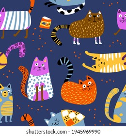 Cats seamless pattern. Funny colorful characters in different poses, and a mess of food. Nursery kids Vector hand-drawn illustration in simple Scandinavian style, ideal for printing baby textiles.