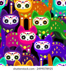 Cats seamless pattern. Halloween seamless with cat in skull mask. Dia de los muertos - day of the dead print.	