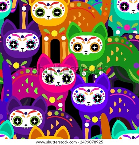 Cats seamless pattern. Halloween seamless with cat in skull mask. Dia de los muertos - day of the dead print.	