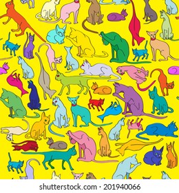Cats seamless pattern, hand drawn doodle illustration of a series of funny animals over yellow background