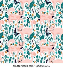Patrón vectorial impecable con gatos rosados dibujados a mano y flores silvestres. Resumen de patrón floral, bayas, gatos. Estilo escandinavo de moda. Creativa textura animal moderna para tela, envoltura, textil.