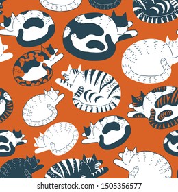 Cats seamless pattern. Limited color vector cartoon illustration of cats relaxing, lying down. Bicolor, ginger, tabby, tortoiseshell, single color coat colorings. Bright orange background.