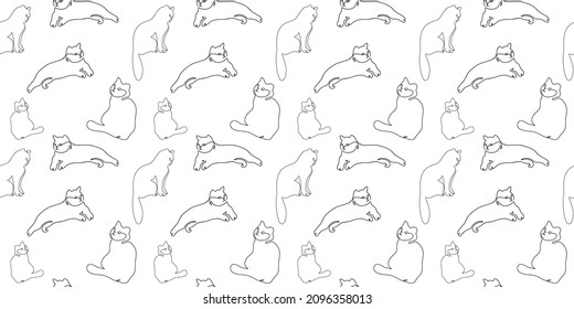 
Cats seamless pattern on a white background. Hand-drawn pattern with a cat. Suitable for web page wallpapers, textile surface texture backgrounds. Draw one line. Linear style. Doodle. Vector