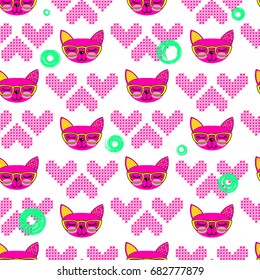 cats seamless pattern. Pussy cat had repeated backdrop with knitted hearts. Abstract animals background for textile, clothes, wrapping paper.