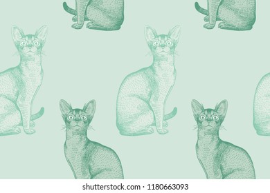 Cats. Seamless pattern. Realistic portrait kittens. Vector illustration art. Modern style. Hand sketch pet. Mint green color. Template of design of paper, wallpaper, textiles, decoration animals shops