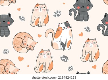 Cats seamless pattern. Repeating design element for printing on gift paper. Mammals, kittens, pets and animals. Charming, adorable and cute characters for children. Cartoon flat vector illustration