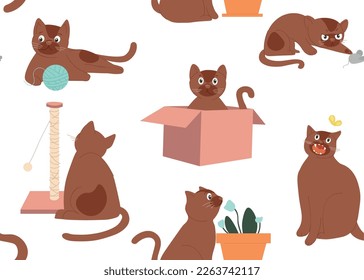 Cats seamless pattern. Repeating design element for printing on fabric. Kitten with box and scratching post. Playful character looking at butterfly and biting flower. Cartoon flat vector illustration