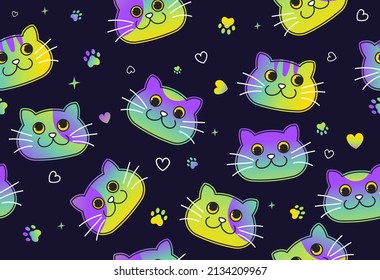Cats seamless pattern. Repeating images for printing on wrapping paper. Abstract patterns with animals. Bright pictures for childrens clothes, colorful pets. Cartoon flat vector illustration