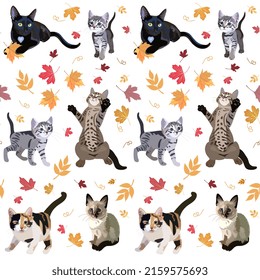 Cats seamless pattern for textile. Kittens and adult cats play with fallen autumn leaves isolated on white background in vector.