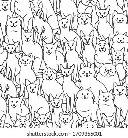 Cats seamless pattern vector black white domestic pedigree pets set contour sketch background.