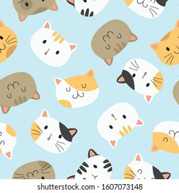 Cats seamless pattern vector design. cute cats head with funny expressions isolated in blue background. Animal vector background template for kids.