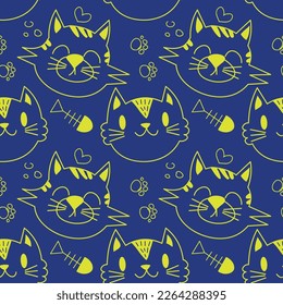 Cats seamless pattern vector design. cute cats head with funny expressions isolated in Blue background. Animal vector background template for kids. EPS