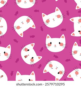 Cats seamless pattern vector design. Cute white cat head with funny expressions and small fishes isolated in bright purple background. Seamless pattern template for wrapping paper, fabric or wallpaper