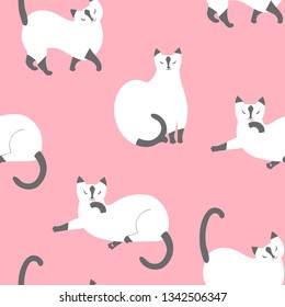 Cats. Seamless pattern with white pets on a pink background. Isolated vector silhouettes of cats in different positions.