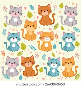 Gatos padrão vetor sem emenda. Cartoon adorável gatinhos padrão sem costura. Papel de embrulho para presente de gato. Padrão perfeito com gatos.