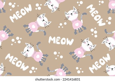 Cats seamless vector pattern, cute white cat, paw prints and meow quote. White cats and kittens. Cute hand drawn kitten face. Great for fabric, vector illustration on a beige background.
