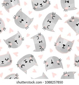 Cats seamless vector pattern with hearts. Cute hand drawn kitten faces. Valentines day.