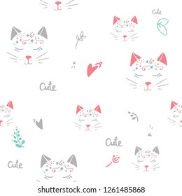 Cats seamless vector pattern with hearts. Cute hand drawn pink kitten faces. Valentines day. on white bacground.