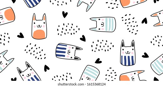 Cats seamless vector pattern with hearts. Cute hand drawn kitten faces. Scandinavian drawing cartoon style with doodle texture. Vector illustration for baby, kids, and children fashion textile print.