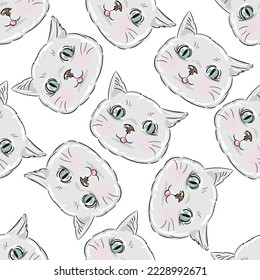 Cats seamless vector pattern on white background. Cute hand drawn kitten faces.