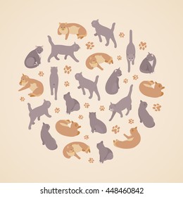 Cats set against the beige background. Isometric flat vector conceptual illustration
