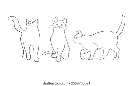 Cats set continuous line art drawing isolated on white background. Kittens outline. Vector illustration