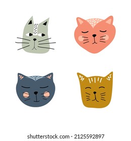 Cats, set of cute doodle. Hand drawn cat faces set. Cute doodle vector animal  illustrations, vector icons.