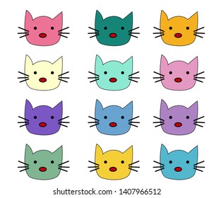 Cats, set of cute doodle. Sketch character handmade to Print T-shirts. Kids animals. Funny stylish muzzle isolated Pets