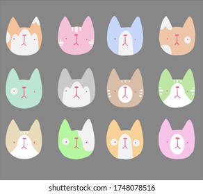 Cats, set of cute doodle. Sketch character handmade to Print T-shirts. Kids animals. Funny stylish muzzle isolated Pets
