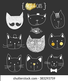 Cats, set of cute doodle. Sketch character handmade to Print T-shirts. Kids animals. Funny stylish muzzle isolated Pets