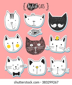 Cats  set cute doodle  Sketch character handmade to Print T  shirts  Kids animals  Funny stylish muzzle isolated Pets