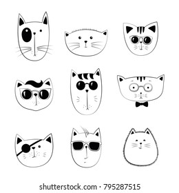 Cats, set of cute doodle. Sketch character handmade to Print T-shirts. Kids animals. 
