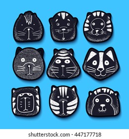 Cats set of cute funny stickers doodle. Kids characters animals, style of retro engraving vector. Stylish muzzle. Emotions illustration design