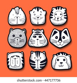 Cats set of cute funny stickers doodle. Kids characters animals, style of retro engraving vector. Stylish muzzle. Emotions illustration design