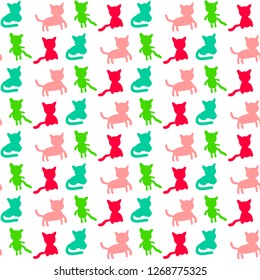 Cats set hand drawn silhouette seamless pattern four differents forms colorful pastel