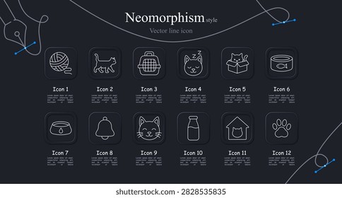 Cats set icon. Yarn rolls loose. Cat walks path. Carrier holds pet. Face sleeps deep. Box hides kitten. Can stores fish. Bowl drips water. Bell rings alert. Face stares wide. Bottle pours milk.