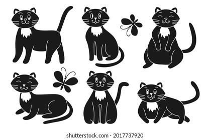 Cats set silhouette glyph in different poses, sitting, lying, with other muzzles, emotions, closed and opening eyes, butterflies fly around. Funny character. Pet collection. Vector illustration