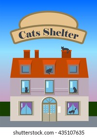 Cats shelter house vertical vector illustration in flat style with banner for text, cat silhouettes in house windows, domestic pet cat adoption center, adopt a cat banner, retro style house with cat