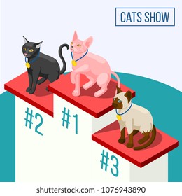 Cats show isometric composition including animals winners with medals on pedestal vector illustration