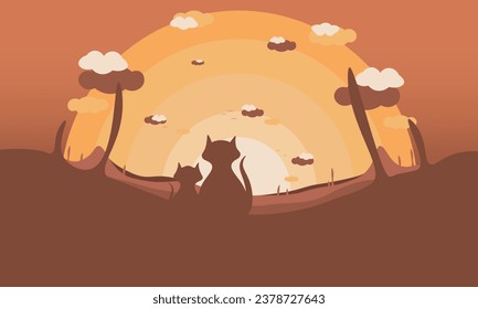 Cats silhouette in Africa background vector wallpaper, landscape illustration ,world cat day