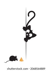 Cats silhouette behind the wall and mice, vector. Cute cartoon character isolated on white background. Cute kitty cat illustration. Childish wall decals, wall art. Minimalist black and white artwork. 
