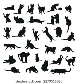 Cats silhouette collection, cat and kitten set, cats in different poses, vector illustration