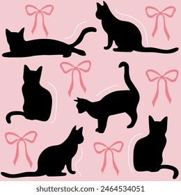  cats silhouette with different actions and bow seamless pattern , vector illustration