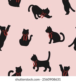 cats silhouette with different actions with red bows seamless  pattern , vector ,illustration