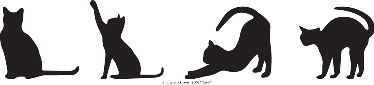 Cats silhouette in different poses -Feline in black for Halloween