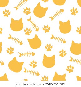 Cats Silhouette Pattern - Orange Silhouettes of Cat Heads, Fish Skeletons and Paws. Seamless Link.