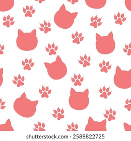 Cats Silhouette Pattern - Pink Silhouettes of Cat Heads and Paws. Seamless Link.